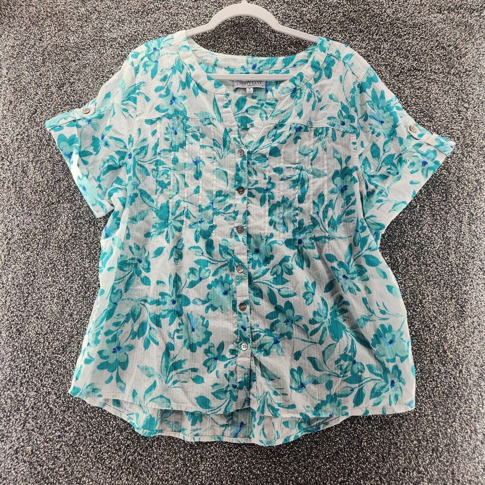 Liberty Lane 1x blue floral short sleeve 100% cotton button up blouse